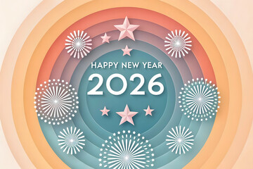 Happy New Year 2026 with fireworks and stars in layered circles