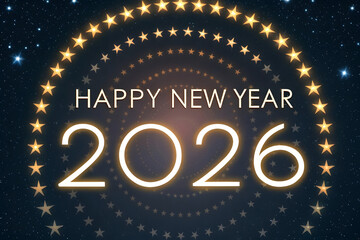 Happy New Year 2026 with glowing star arch and night sky