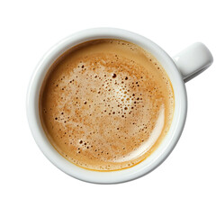 Fototapeta premium Coffee Cup: A captivating overhead shot, a classic white cup overflowing with a rich, aromatic coffee beverage, its surface adorned with a delicate crema.