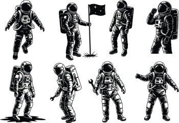 Astronaut silhouette in space mission poses, holding tools and flag, black and white vector, isolated space exploration character illustration