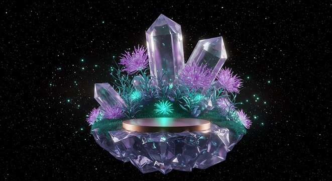 Floating island with crystals, podium, and glowing plants in a starry night sky for commercial usage and mockups