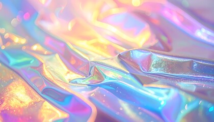 Abstract macro shot of iridescent crumpled material with shifting colors and soft focus