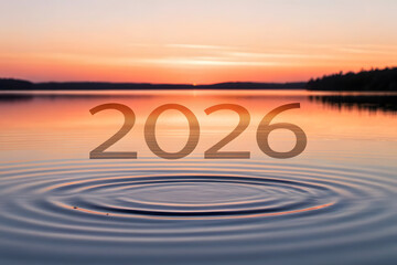 Ripples on water with 2026 at sunset lake ocean