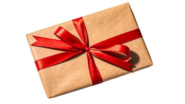 Gift box wrapped in brown paper with red ribbon isolated on white background