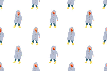 Fototapeta premium Winter seamless pattern. Child in warm clothes is walking outdoors. Games and activities outdoors in winter. Flat vector design. For wallpapers, textiles, packaging, backgrounds or websites.