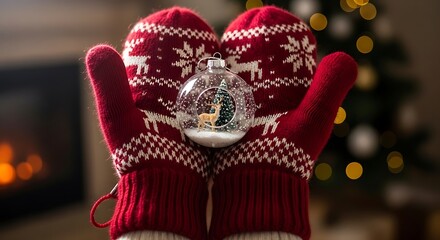 Hands wearing red knitted mittens holding a Christmas ornament with a deer inside, with a fireplace and Christmas tree in the background.