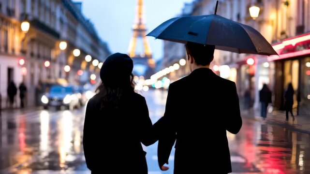 Couple Holding Hands Walking Under Umbrella With Eiffel Tower in Paris