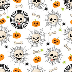 Spooky halloween skulls pumpkins spiderwebs seamless pattern fabric design vector