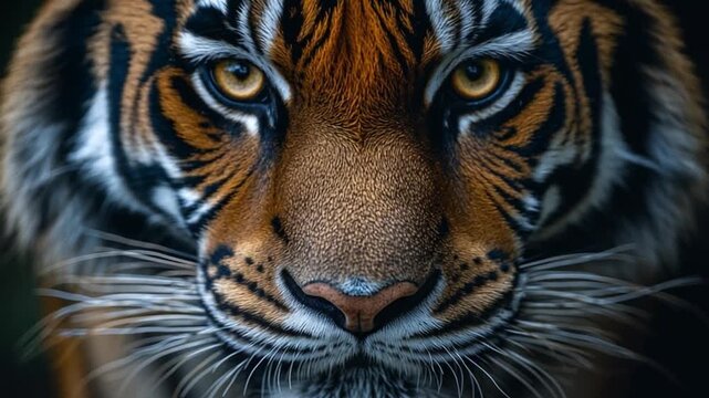 Tiger's Intense Gaze: A close-up view of a majestic tiger showcases its piercing eyes and striking orange and black stripes, capturing the raw beauty of the wild.