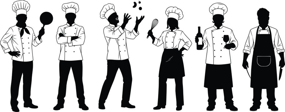 Chef silhouette in kitchen poses, cooking tools illustration, culinary professionals vector, black and white design, isolated restaurant staff concept
