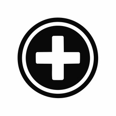 Obraz premium A simple black and white circular icon featuring a white plus sign in the center