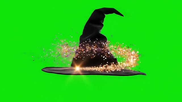 Magical witch hat spinning with sparkling glitter trail on green screen, perfect Halloween fantasy overlay