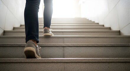 person's journey of progress and ambition is captured in this low-angle shot. Legs in casual shoes take a step up the stairs, moving towards a bright, hopeful light at the top