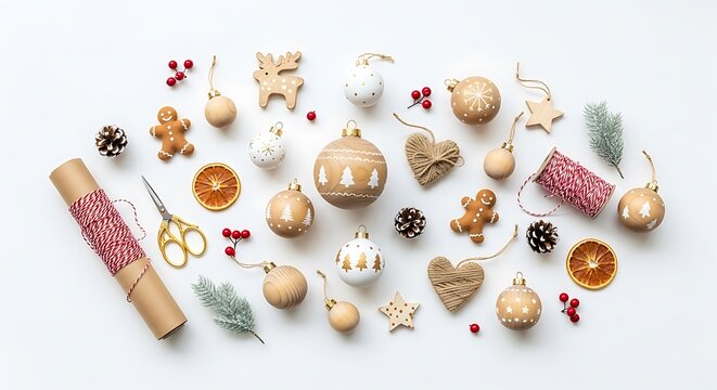 A flat lay arrangement of rustic Christmas ornaments and natural elements on a white background.