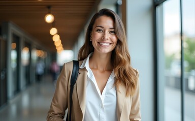 Smiling woman travel agent at modern work. High quality