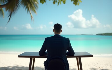 Distant work. A man in an office suit and sitting at a table with a laptop, right on the beach of a tropical island, view from the back. Generative AI. High quality