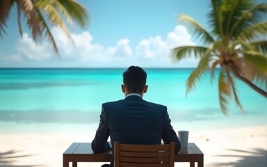 Distant work. A man in an office suit and sitting at a table with a laptop, right on the beach of a tropical island, view from the back. Generative AI. High quality