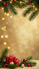 Christmas card golden background decorated with red balls, gift boxes and garland lights with gold lights. New year vertical postcard with empty text place. Gift certificate mockup design. Copy space