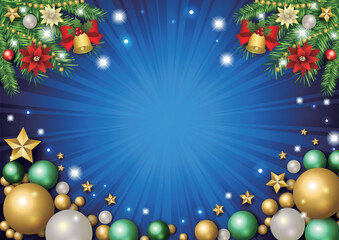 クリスマス背景、オーナメント、星、かわいい、イラスト、青、横