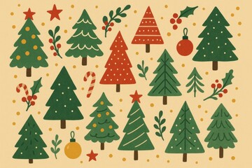 Festive trees with holiday decorations.