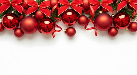 A festive Christmas garland adorned with red baubles and bows, set against a clean white background.