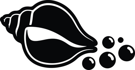 Vector Conch shell with bubbles black and white silhouette illustration