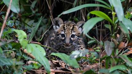 Fototapeta premium Baby jaguar in dense foliage