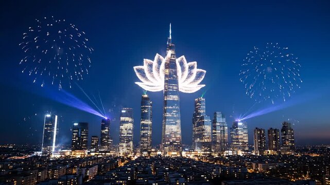 Spectacular Diwali Celebration with Eco-Friendly Laser Display Illuminating City Skyline at Night, Symbolizing Sustainable Festivities