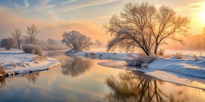 Serene Winter River Landscape at Sunrise with Frost-Covered Trees and Reflective Water