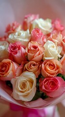 Obraz premium Nice photo of charming bouquet of mixed roses in pastel shades for a special occasion.