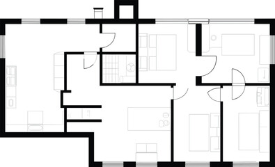 Modern house floor plan layout with three bedrooms, kitchen, living room, bathroom, and furniture arrangement, architectural blueprint, flat vector design