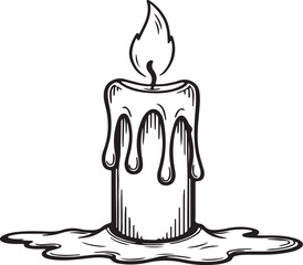 A simple line art drawing of a burning candle with dripping wax isolated on white background.