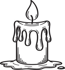 A simple line art drawing of a burning candle with dripping wax isolated on white background.