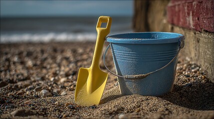 Nice photo of blue bucket and yellow spade on a sandy beach, ready for sandcastle building.