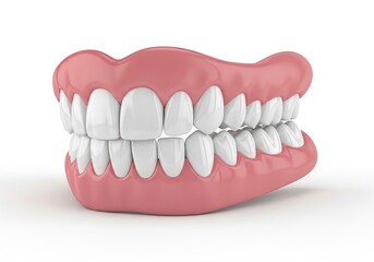 Obraz premium Denture Set with Pink Gums and White Teeth on a White Studio Background 3D Rendering