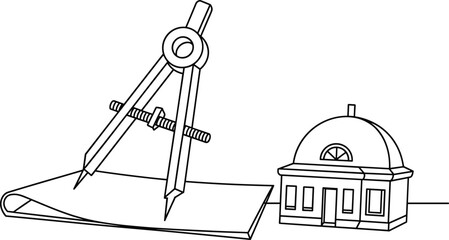 Architectural design concept illustration featuring a drawing compass on a blueprint beside a domed building, symbolizing geometry, planning, and engineering