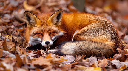 Red fox resting on fallen leaves