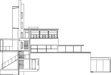 Modern architectural building section, minimalist line drawing, detailed floor design, contemporary house elevation, architectural blueprint, urban structure illustration, flat vector art