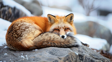 Red fox resting in snowy landscape