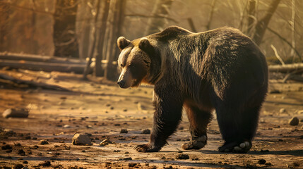 Brown bear in forest at sunset