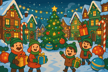 Fototapeta premium Family celebrating Christmas with gifts by decorated tree in village 