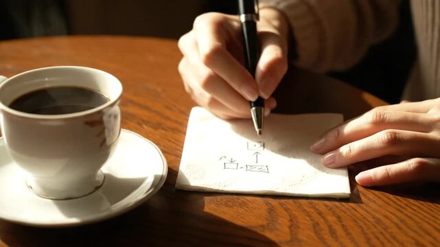 Woman Writing a Creative Note on a Napkin with Coffee.