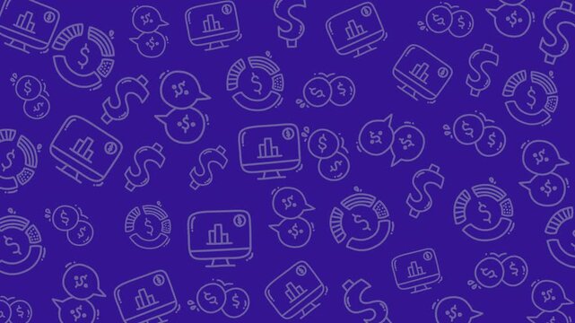 Seamless doodle pattern of finance and business elements&mdash;dollar symbols, coins, and charts&mdash;in line art on dark background. Perfect for tech-finance themed designs