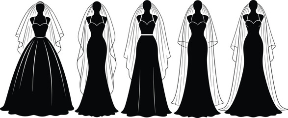 Wedding dress silhouette, bridal fashion illustration, veil styles, elegant gown sketch, mermaid, ball gown, A-line, black and white art