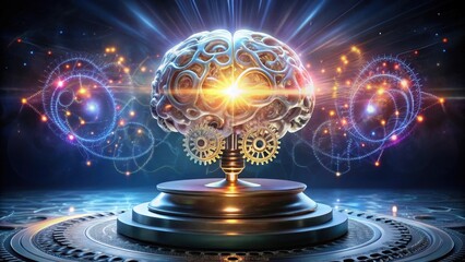 Illuminated Mechanical Brain on a Platform, Glowing with Internal Light and Surrounded by Abstract Energy Spirals