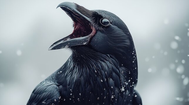 Close-up of a raven with open beak, snowing.
