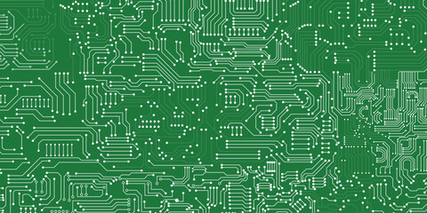 Technology circuit board white lines and dots on green background.