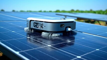 A robotic cleaner traverses solar panels, with brushes and a spray nozzle in a field under a blue sky