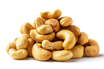 Fototapeta premium A pile of cashew nuts isolated on a white background with a precise clipping path for clean presentation.