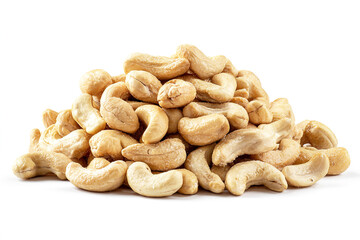 Fototapeta premium A pile of cashew nuts isolated on a white background with a precise clipping path for clean presentation.